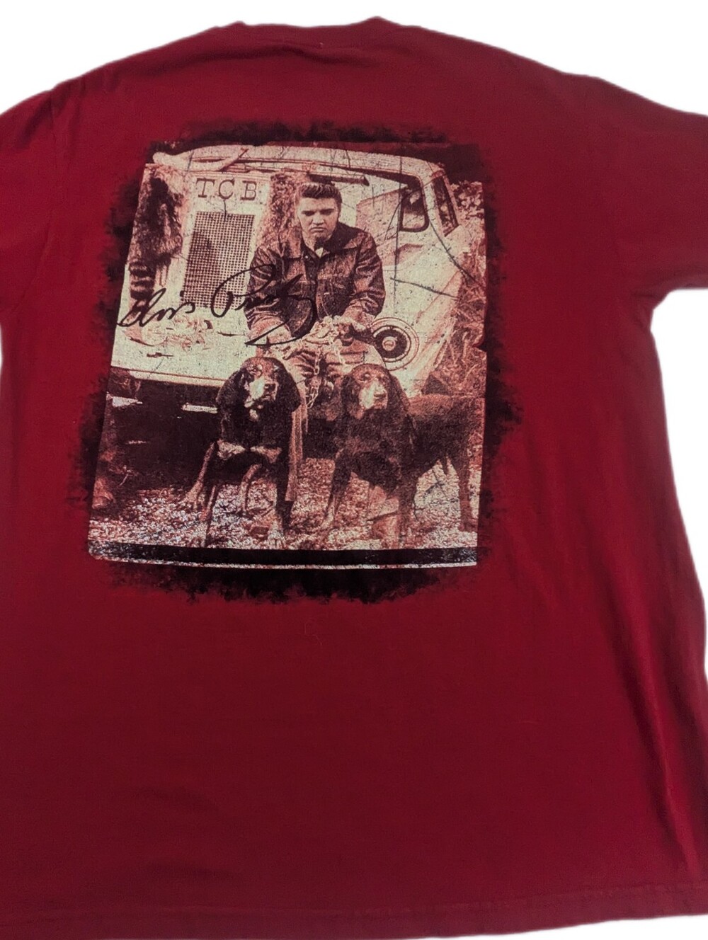 Elvis Presley Men's T-shirt Featuring Hound Dogs TCB Maroon Color Large